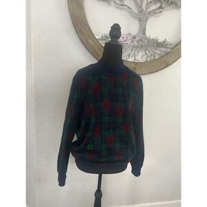 Vintage Plaid Rose Floral Mock Neck Pullover Grandpa Sweater Navy Green RedM